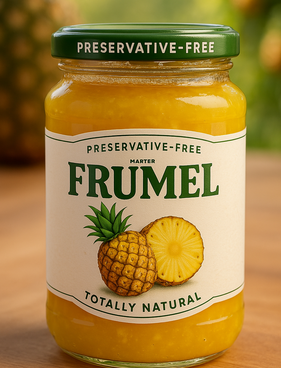 mermelada de piña Frumel en frasco de vidrio con etiquetas elegantes, producto artesanal y natural 