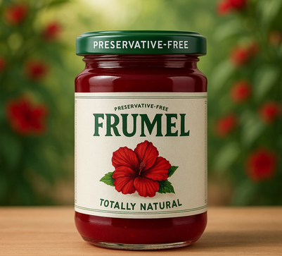 frasco de mermelada totalmente natural sin conservadores con un fondo verde con flores de jamaica 